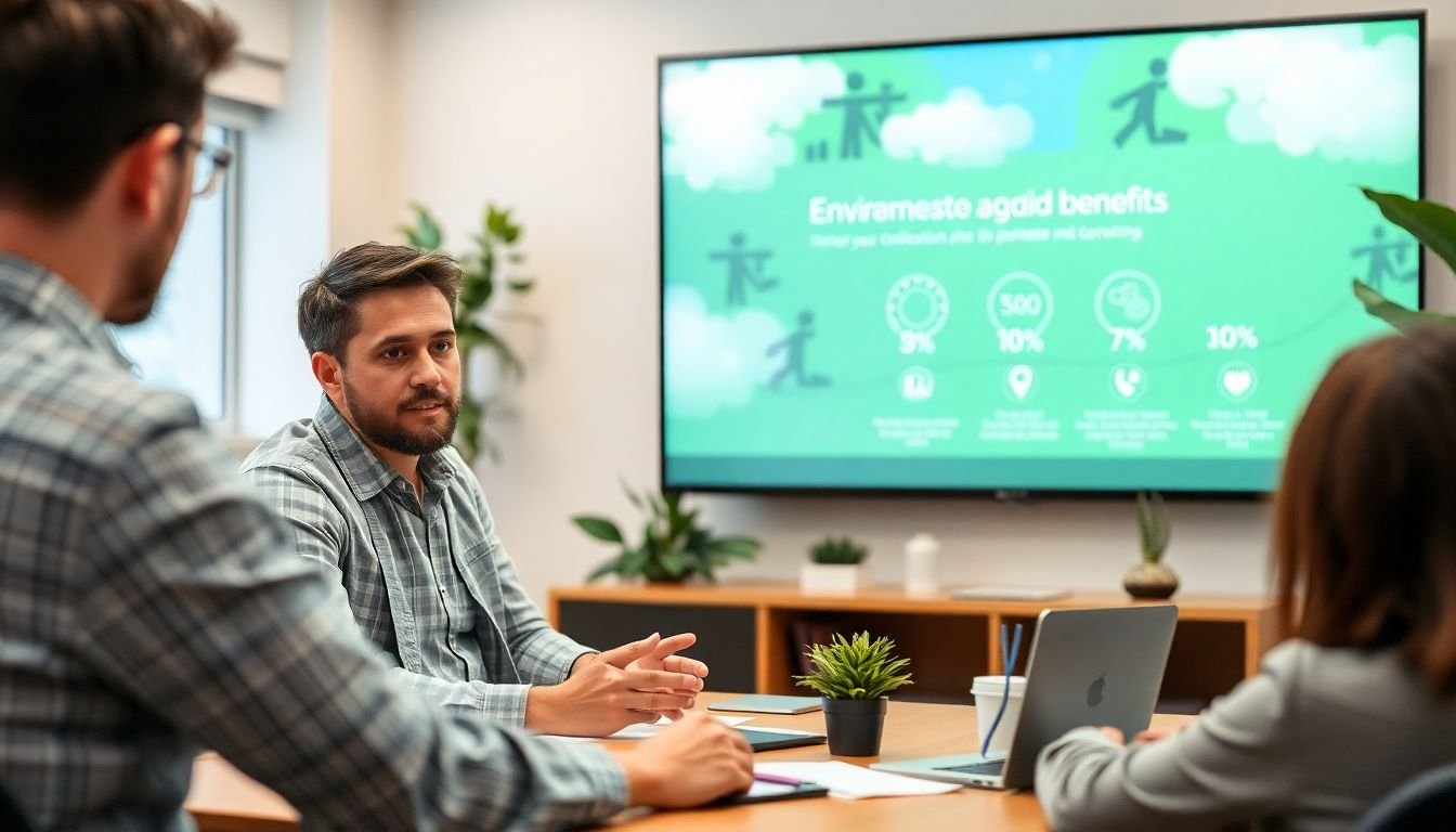 A graphic designer presenting an eco-friendly design concept to a client, with a slide showing the environmental benefits of the design in the background.