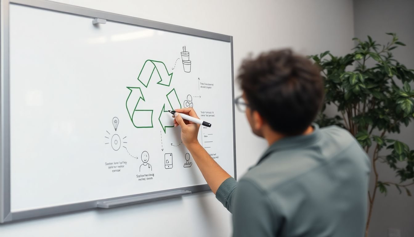 A graphic designer sketching a sustainable design concept on a reusable whiteboard, with a recycling symbol and a tree in the background.