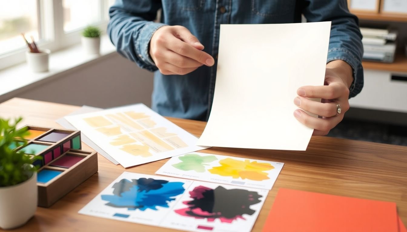 A graphic designer holding a sheet of recycled paper, with samples of eco-friendly inks and materials laid out on a table.