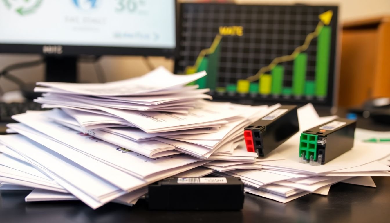 A pile of used paper and ink cartridges on a desk, with a graph showing increasing waste over time in the background.