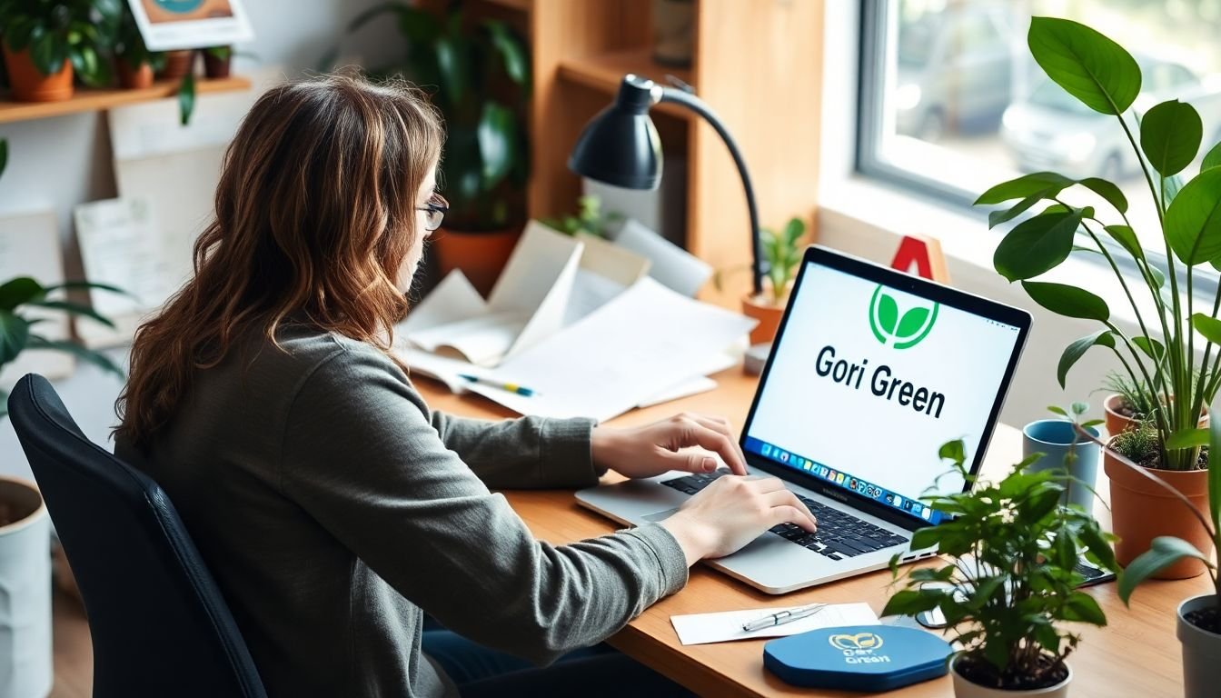 A graphic designer sitting at a desk filled with recycled paper, using a laptop with a sticker that says 'Go Green', surrounded by plants, and designing an eco-friendly logo on the screen.
