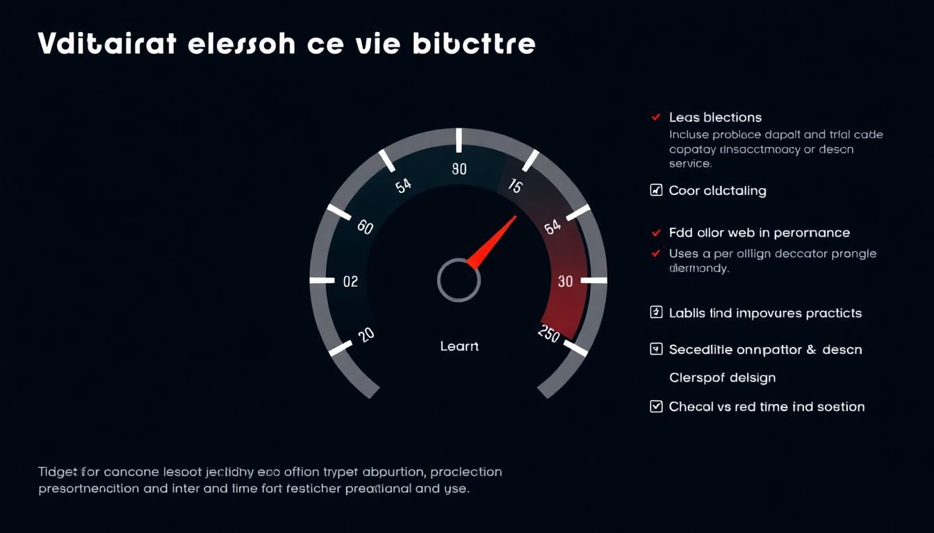 A speedometer graphic showing optimal web performance, with a checklist of best practices for improving load times and user experience