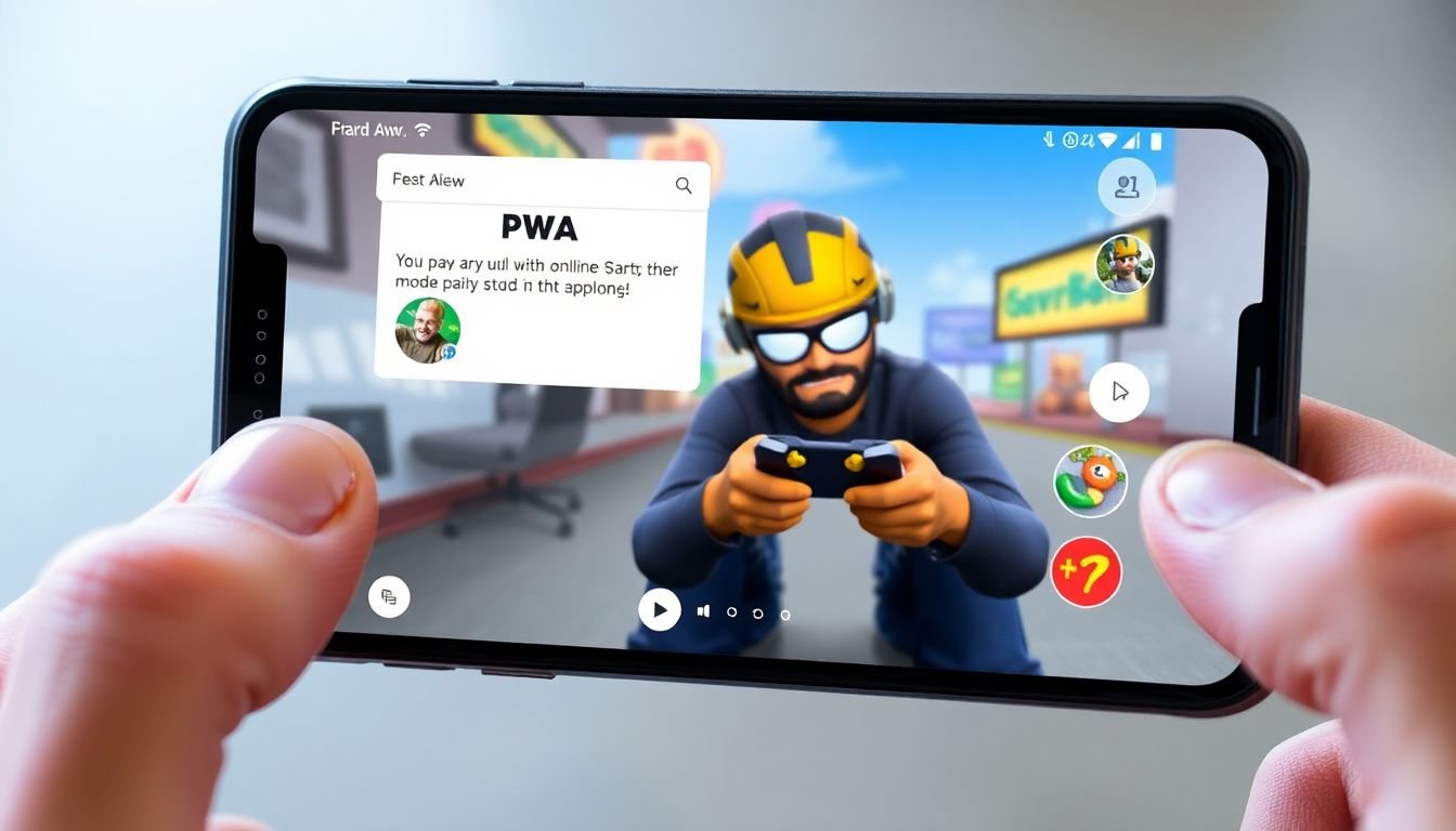 A smartphone displaying a PWA, with app-like features and a user enjoying an offline gaming experience