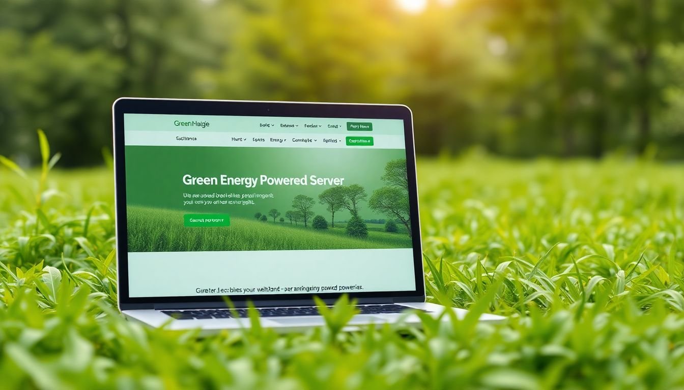 A lush, green landscape with a laptop open, displaying a sustainable, eco-friendly website hosted on a green energy-powered server
