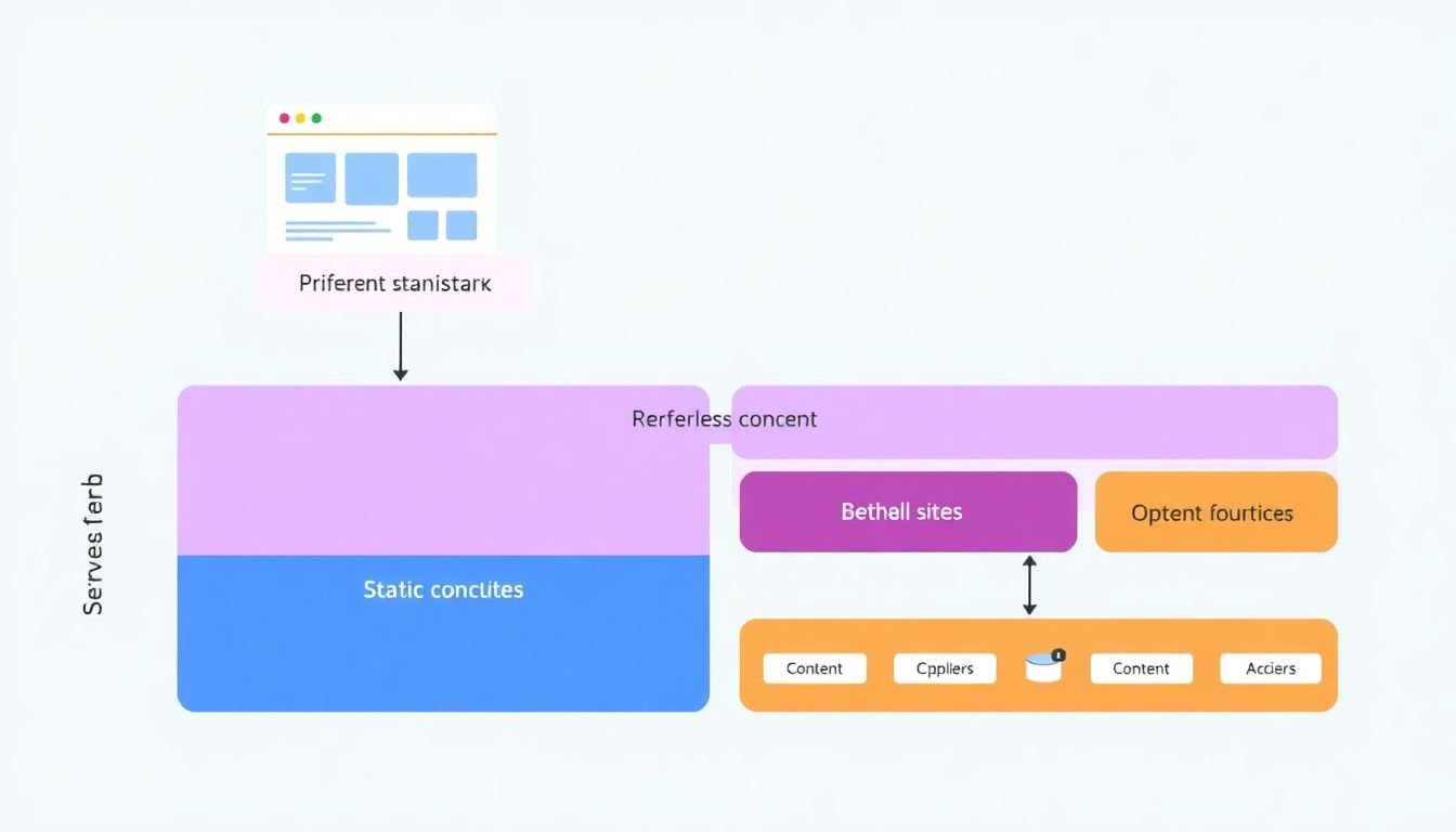 A visual representation of the Jamstack architecture, with pre-rendered static sites, decoupled content management, and serverless functions