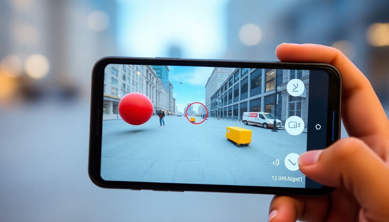 A user experiencing an augmented reality web application, with virtual objects overlaid on the real world, viewed through a smartphone camera