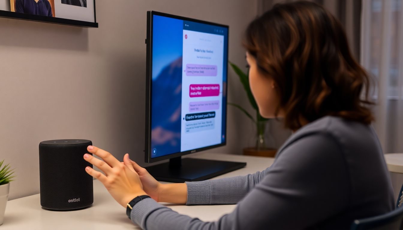 A user interacting with a voice-controlled smart speaker, with a visual representation of the conversation on a nearby screen