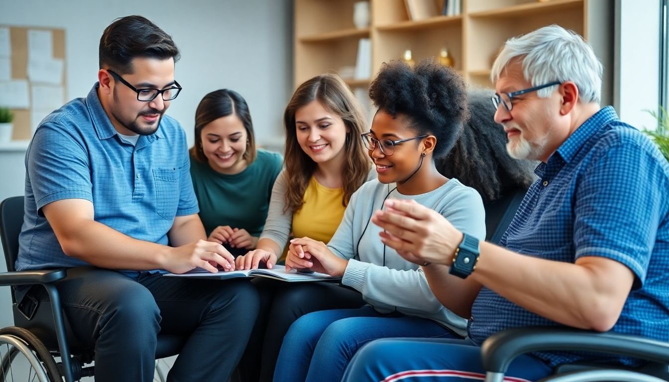 A diverse group of users with varying abilities interacting with an accessible, inclusive website, with assistive technologies and design considerations highlighted