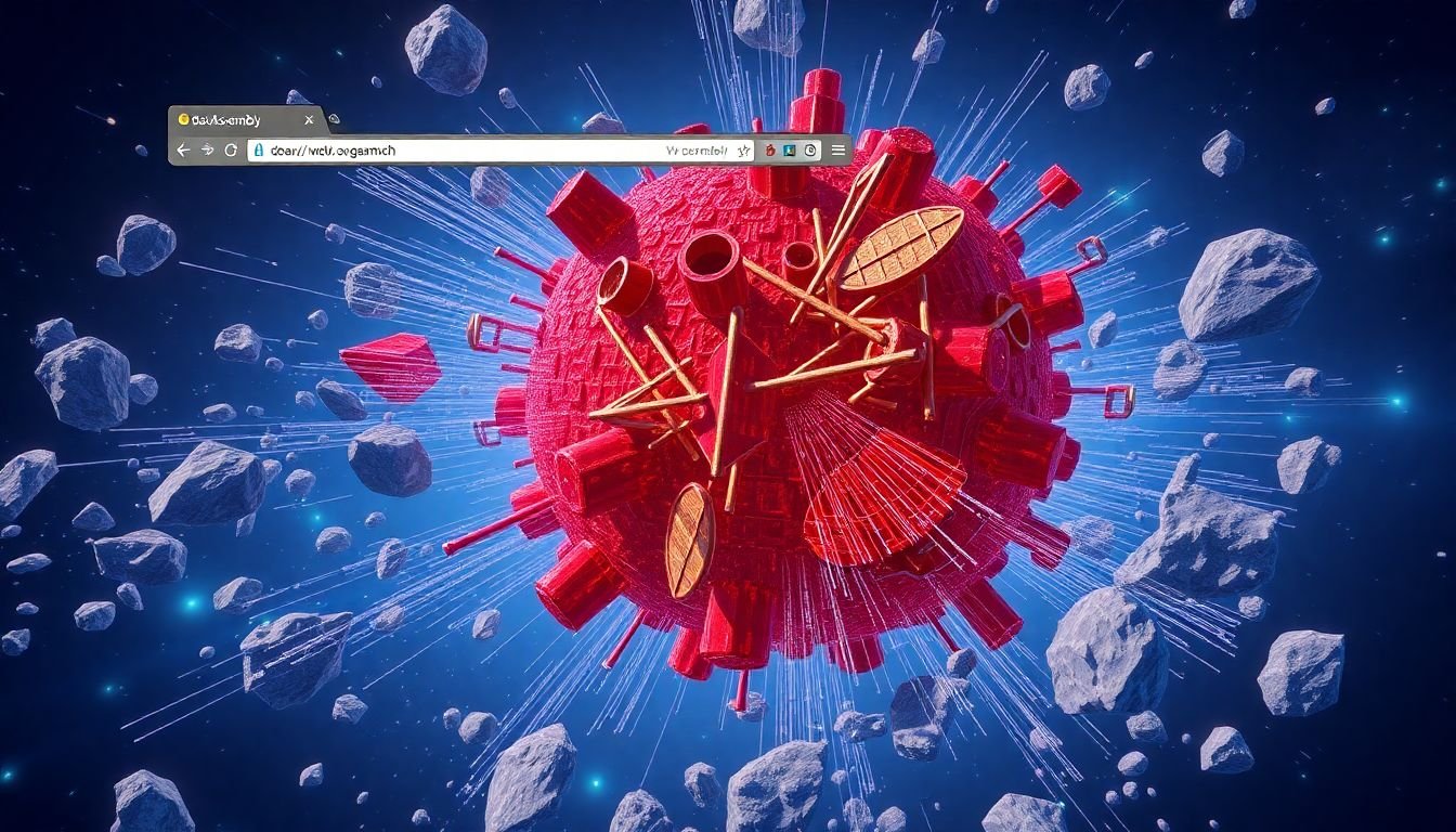 A browser window running a complex 3D game or data visualization powered by WebAssembly