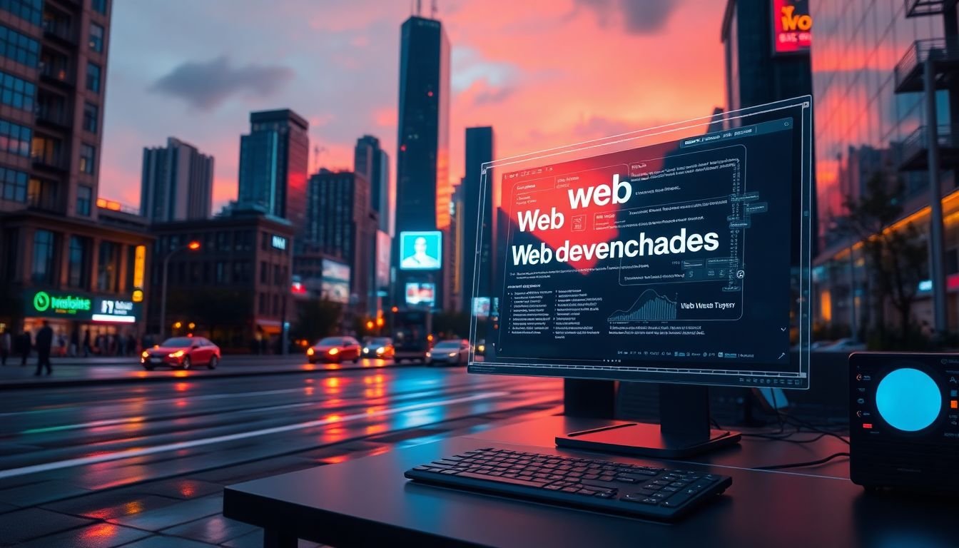 A futuristic cityscape at dusk, with neon lights reflecting on wet streets. In the foreground, a web developer's workspace, filled with advanced tools and a holographic interface displaying cutting-edge web development trends.