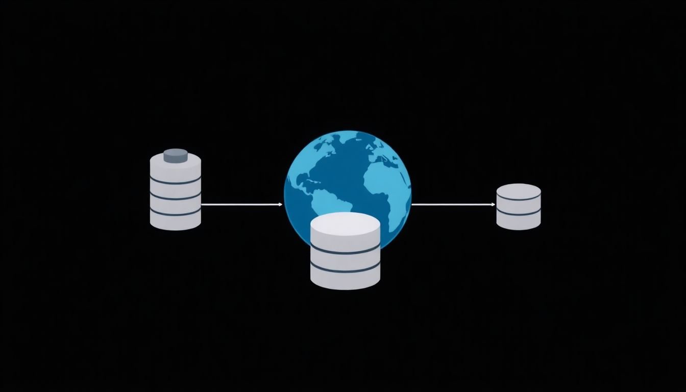 A database schema diagram with multiple servers and a globe icon representing database replication.