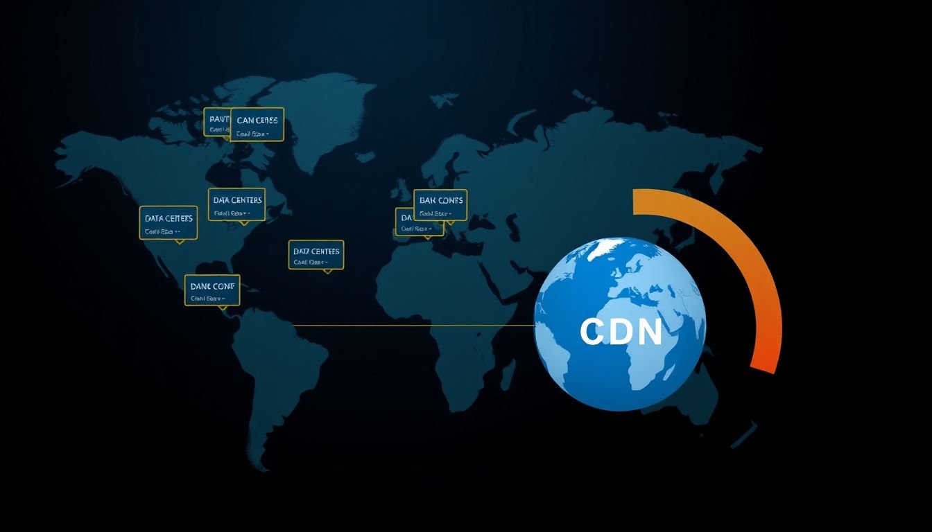 A world map with multiple data centers and a globe icon representing CDN caching, with a speedometer showing fast content delivery.