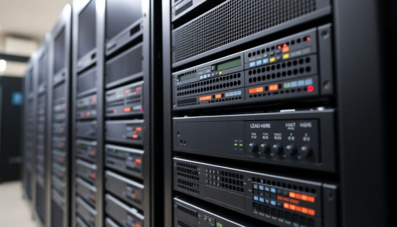 A server rack with multiple servers and a load balancer distributing traffic evenly.