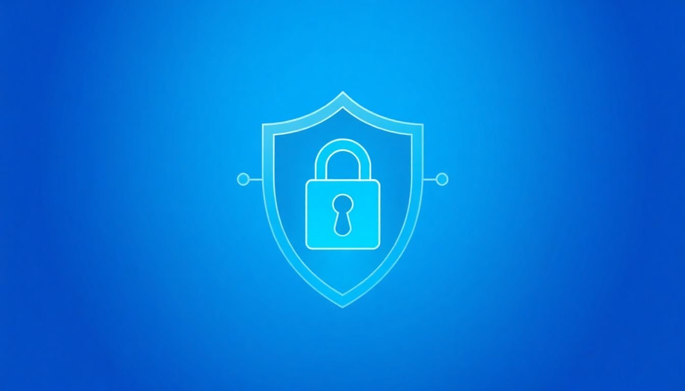 A shield icon with a lock, representing security, and a web application with secure connections.