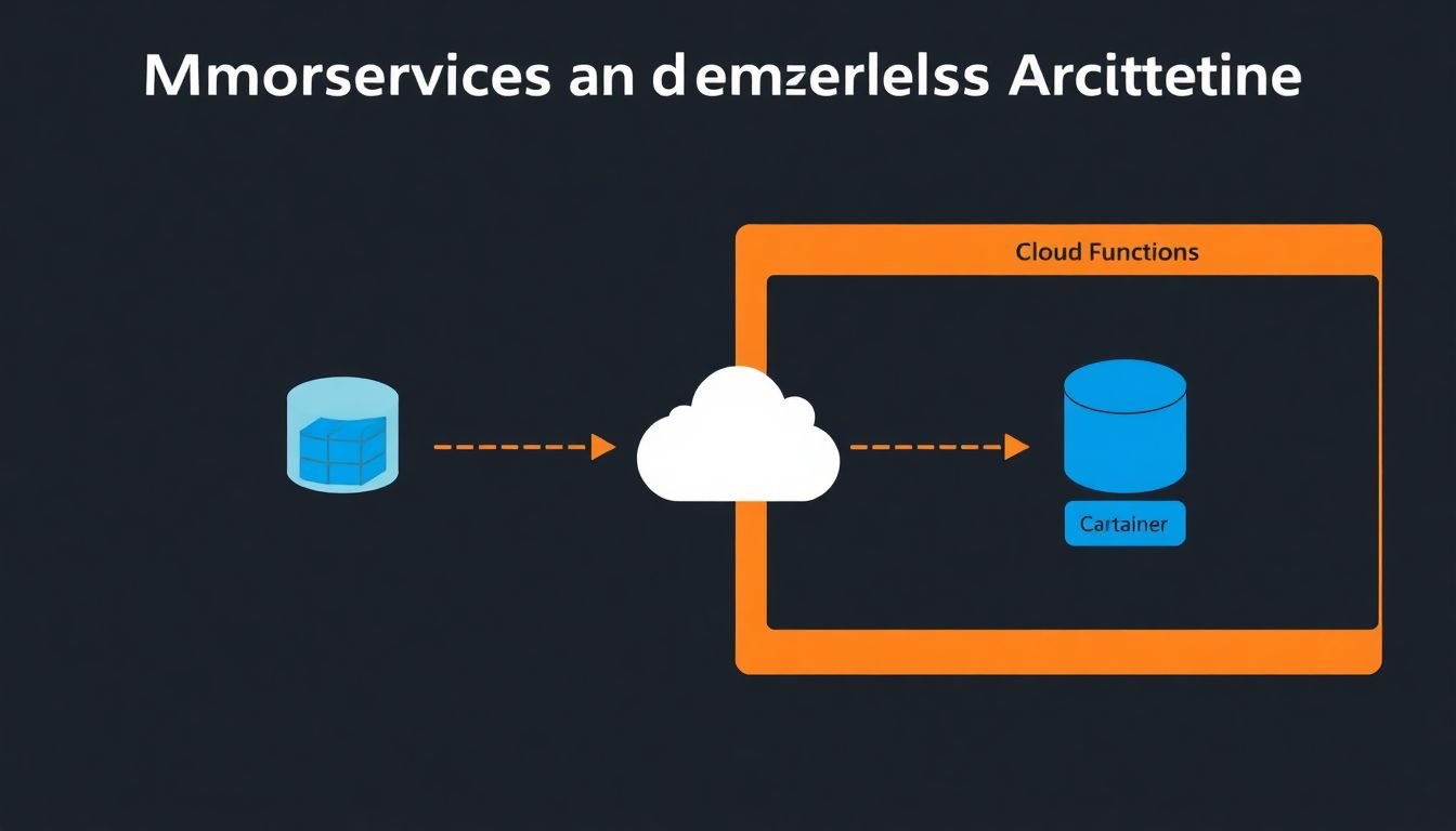 A diagram illustrating microservices and serverless architectures, with containers and cloud functions represented.
