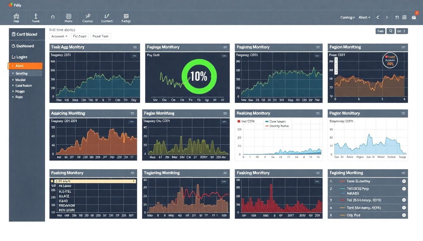 A dashboard filled with graphs and alerts, representing real-time monitoring and logging.