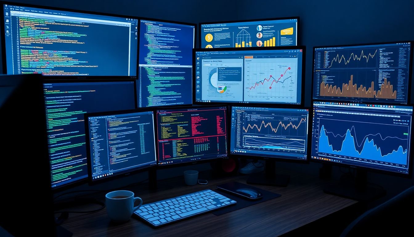 A modern web developer's workspace filled with multiple screens displaying code, diagrams of scalable architectures, and graphs showing high traffic and load balancing, with a cup of coffee nearby.