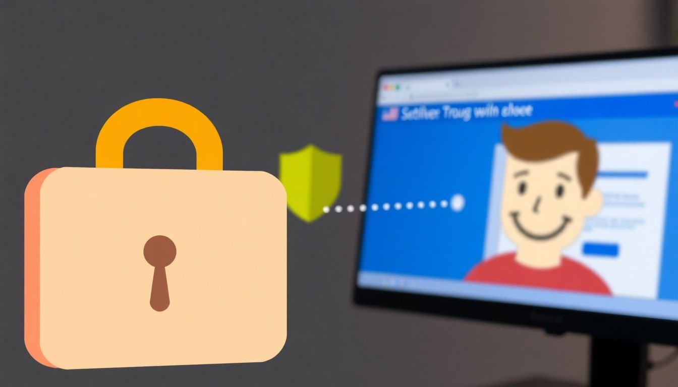 A lock icon, a certificate, and a happy user's face, connected to a computer screen displaying a secure and trustworthy website.