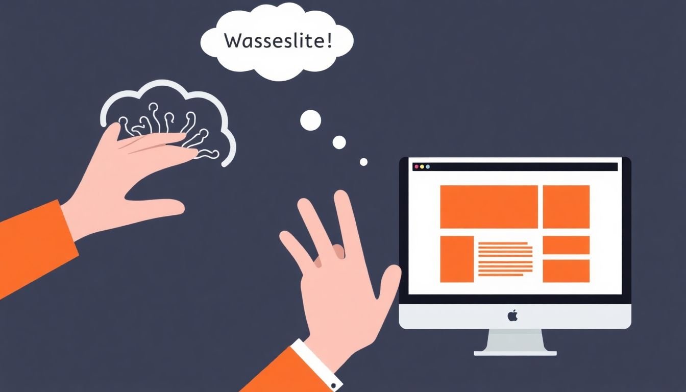 A user's hand struggling to navigate a complex website, with a thought bubble showing frustration, connected to a computer screen displaying a simplified, user-friendly layout.