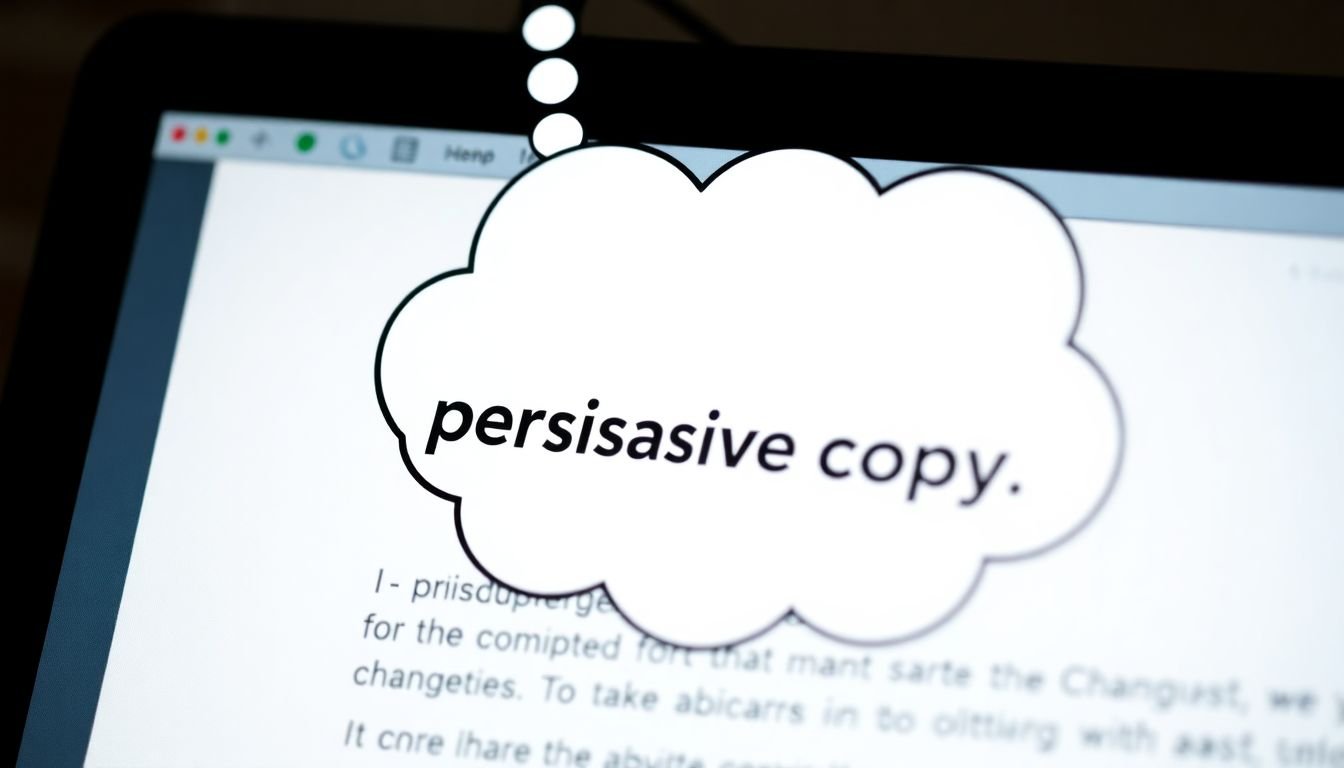 A close-up of a computer screen displaying persuasive copy, with a thought bubble showing a user being convinced to take action.