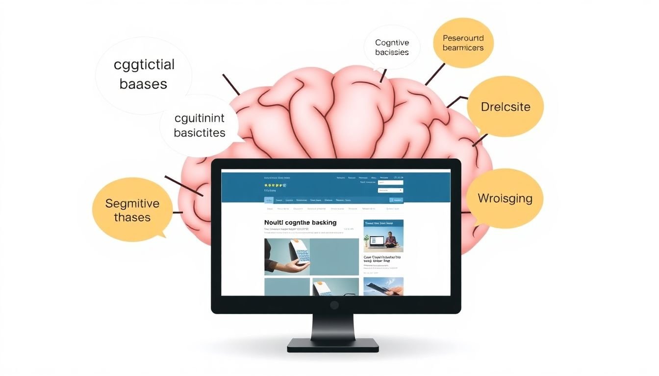 A brain with thought bubbles showing various cognitive biases, connected to a computer screen displaying a website.