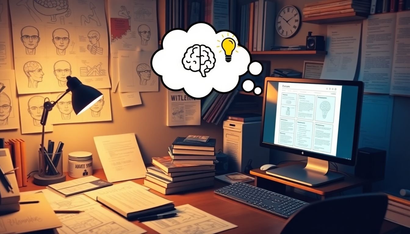 A captivating image of a designer's workspace, filled with sketches, psychology books, and a computer displaying a wireframe of a website, with a thought bubble showing a brain and a lightbulb moment.