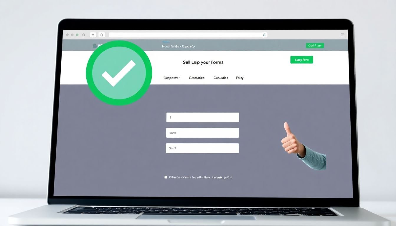 A laptop screen with a clean, well-organized landing page form, surrounded by a green checkmark and a happy visitor giving a thumbs up.
