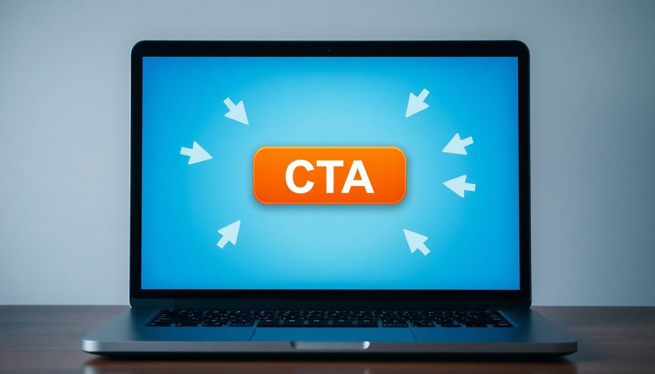 A laptop screen with a prominent, eye-catching CTA button at the center, surrounded by arrows pointing towards it, symbolizing visitor focus and action.