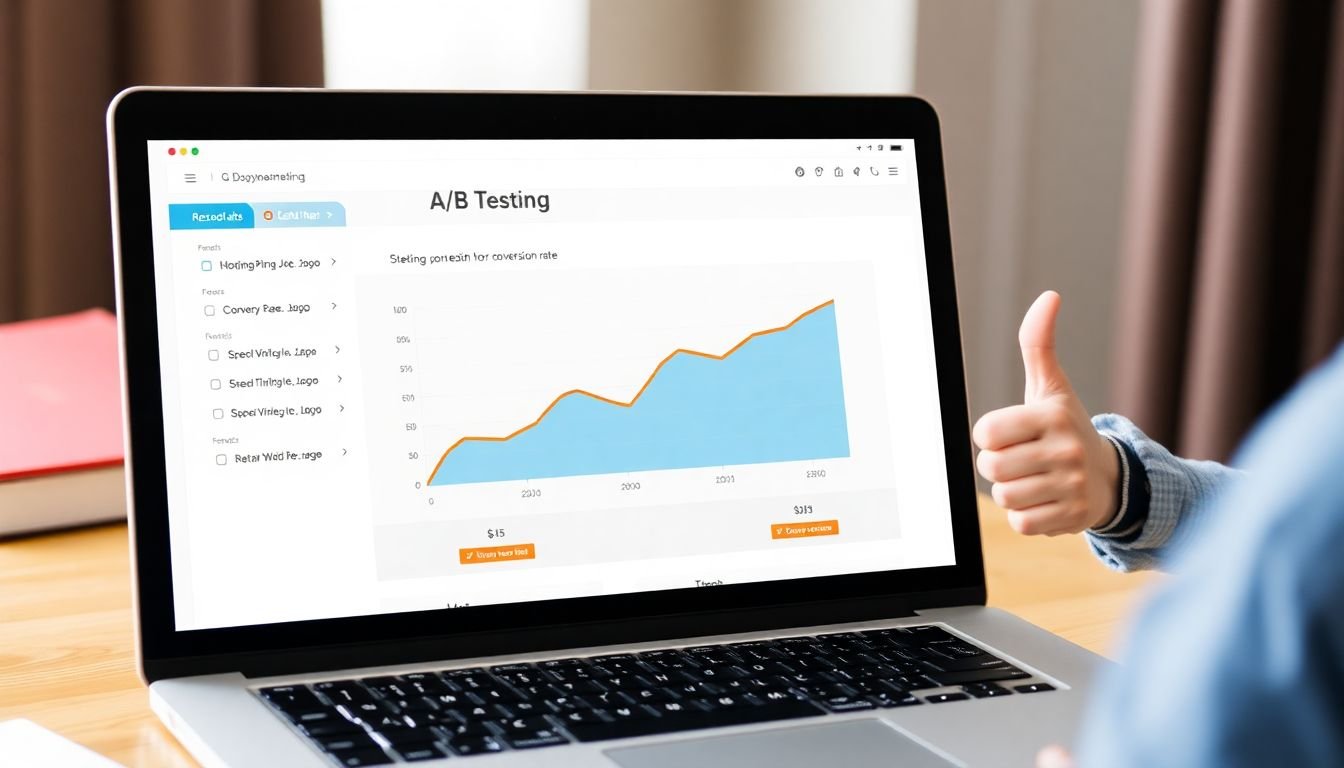 A laptop screen displaying A/B testing results, with a graph showing increasing conversion rates over time, and a happy marketer giving a thumbs up.