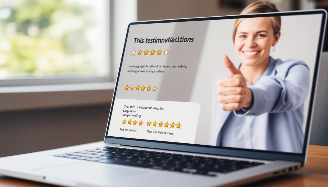 A laptop screen displaying a landing page filled with glowing testimonials and star ratings, with a happy customer giving a thumbs up in the background.
