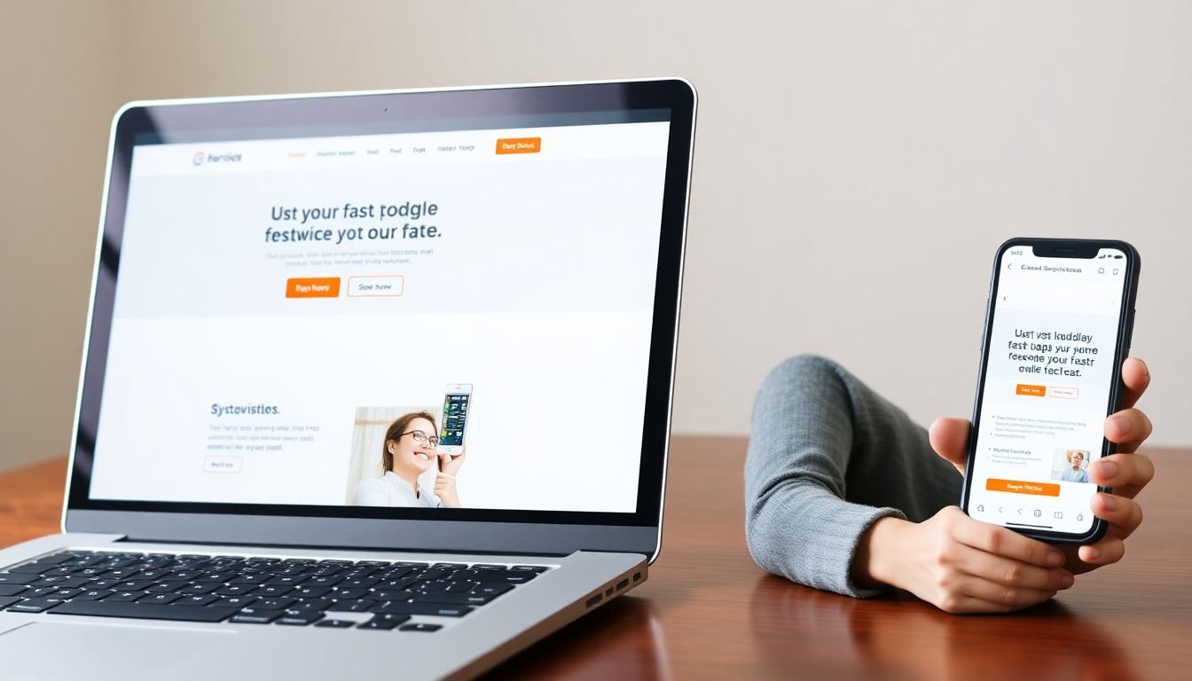 A laptop and a smartphone side by side, both displaying the same fast-loading, mobile-optimized landing page, with a happy visitor using both devices.