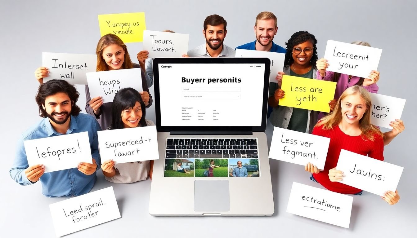 A diverse group of people representing different buyer personas, each holding a unique sign with their interests and needs written on it, surrounding a laptop displaying a personalized landing page.