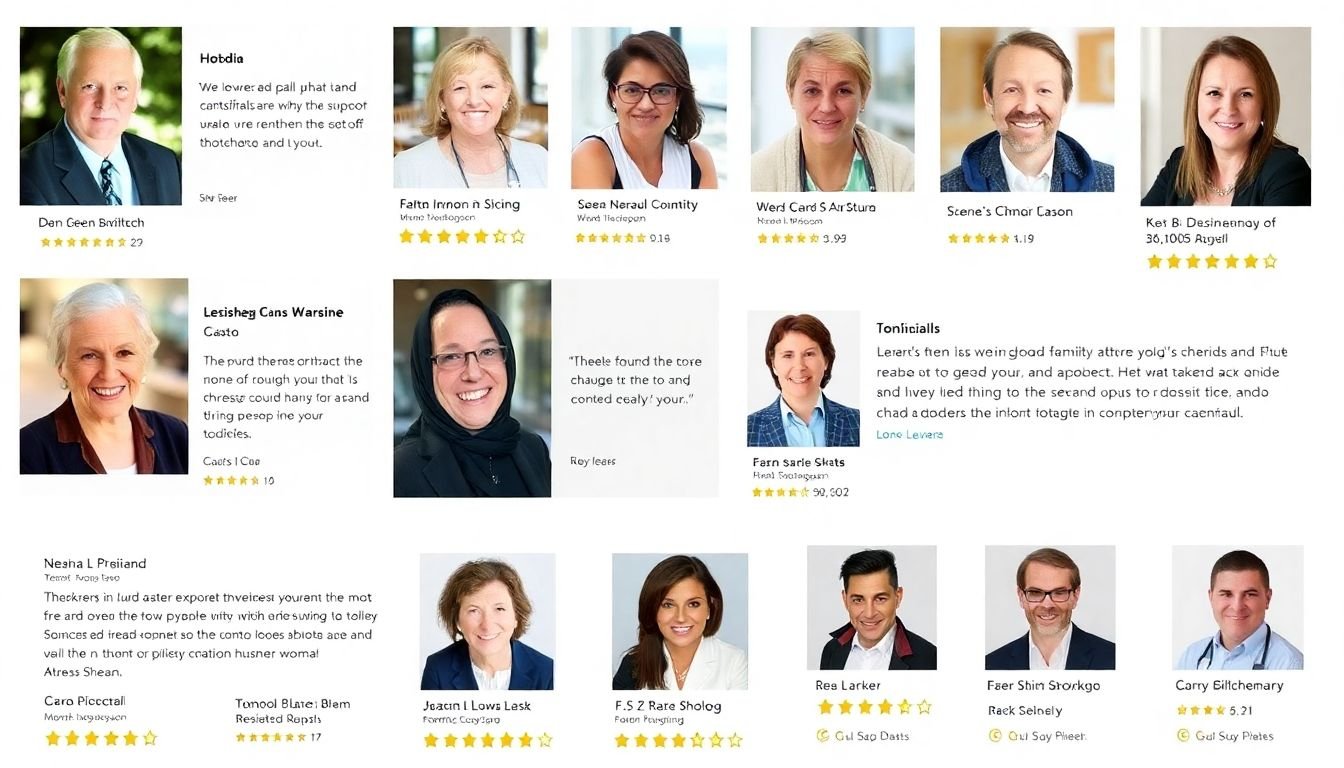 A collection of glowing customer testimonials and reviews, accompanied by headshots and ratings