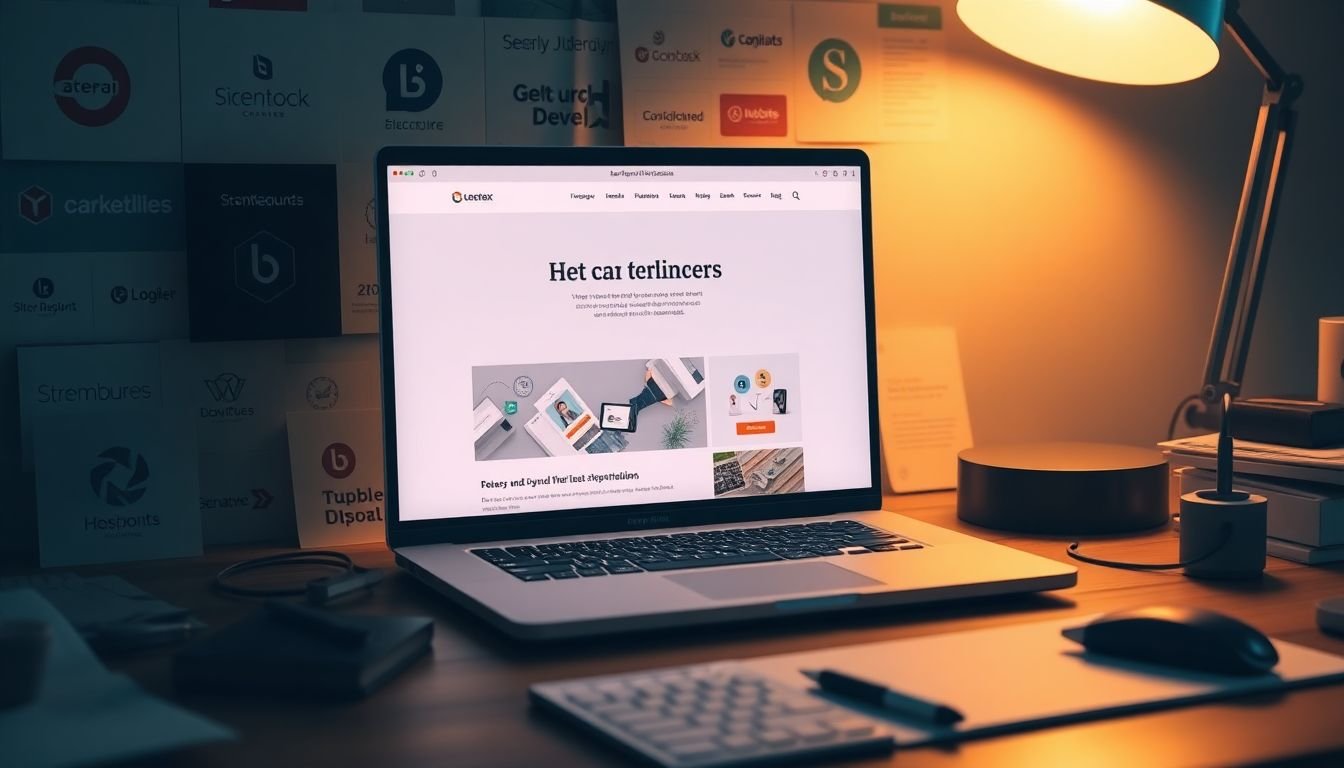 A captivating image of a designer's workspace, with a laptop open to a half-finished marketing page, surrounded by inspirational brand logos, storyboards, and call-to-action buttons, all bathed in the warm glow of a nearby lamp.
