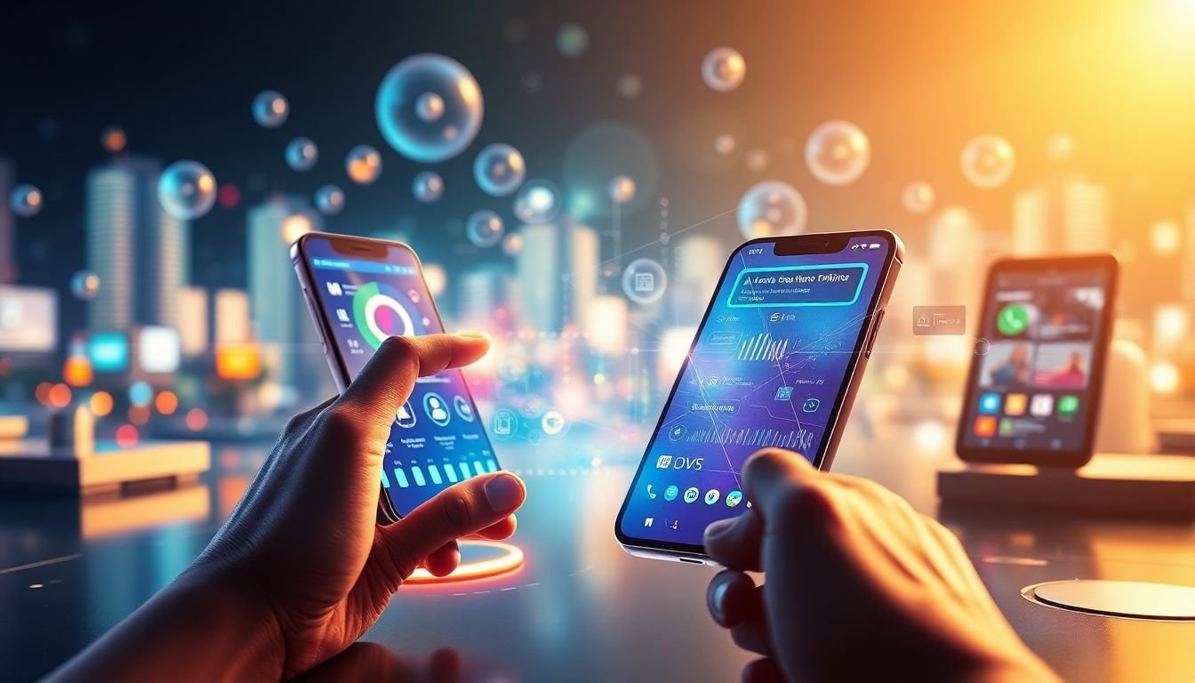 Concept art depicting the future of cross-platform mobile app development, with advanced technologies and interfaces