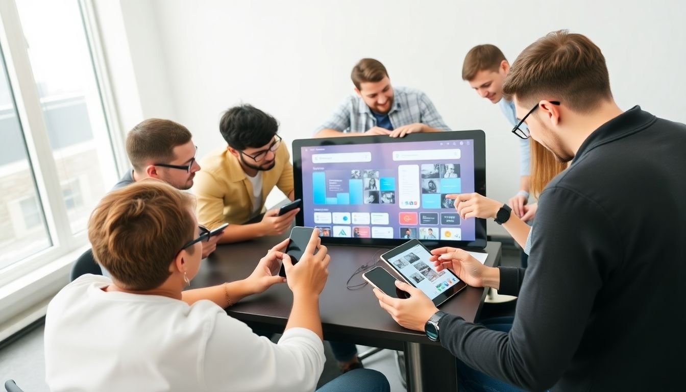 A diverse team of developers working on various devices, from smartphones to tablets, collaborating on a single, expansive screen displaying a cross-platform mobile app in development.