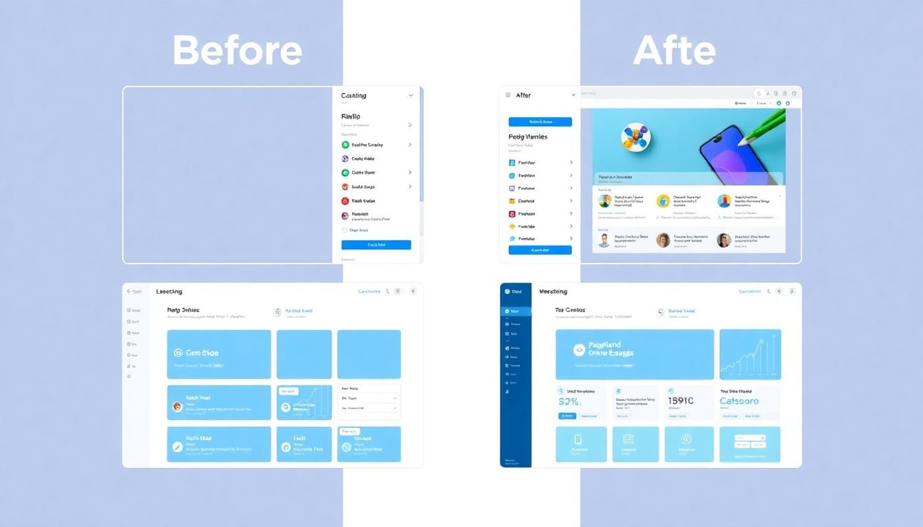 A before-and-after comparison of an e-learning platform's UI, showcasing improved navigation, layout, and aesthetics.