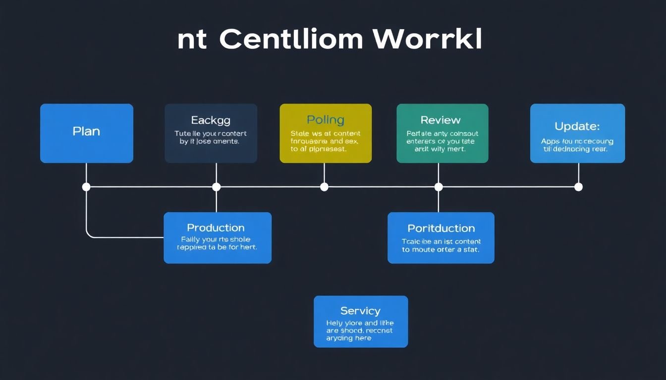 A content creation workflow diagram, with stages like planning, production, review, and update.