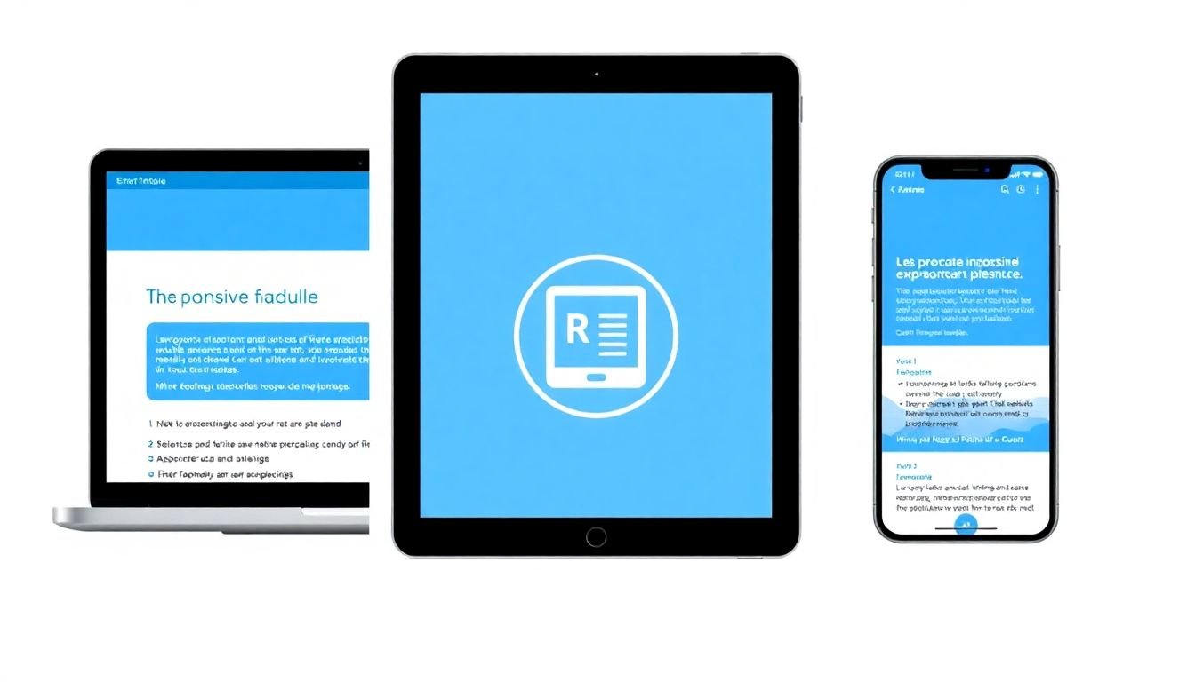 A side-by-side comparison of a learning module on desktop, tablet, and mobile, with a responsive design icon in the middle.