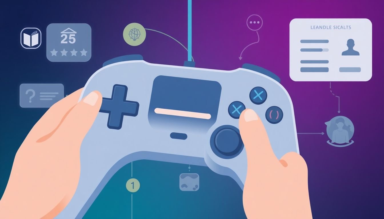 A game controller with a progress bar, surrounded by various interactive learning elements like quizzes, simulations, and leaderboards.