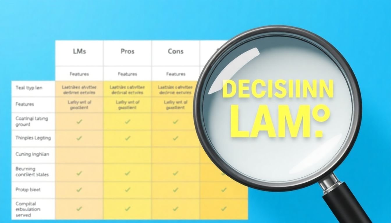A comparison chart with LMS types, features, and pros/cons, with a magnifying glass highlighting the decision-making process.