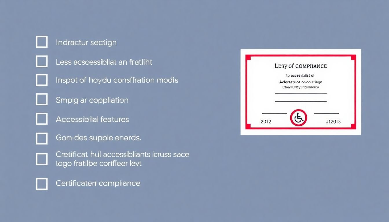A checklist of accessibility features, with a wheelchair icon and a certificate of compliance.