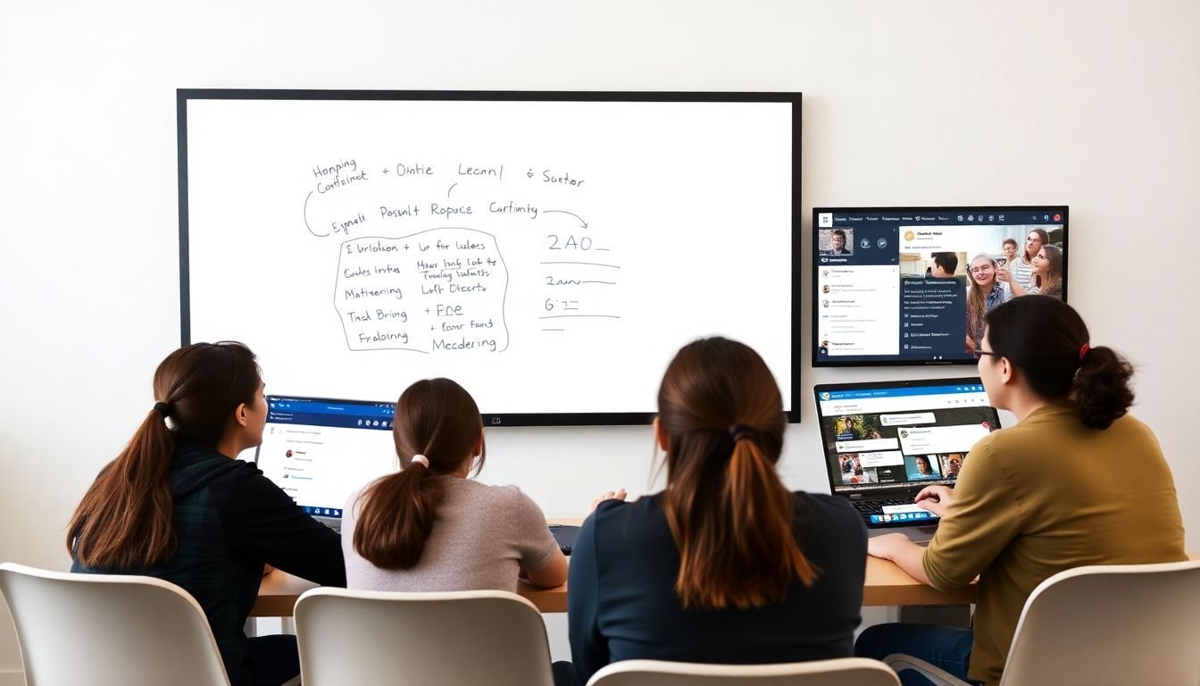 A group of students collaborating on a virtual whiteboard, with chat and discussion forums open on their screens.