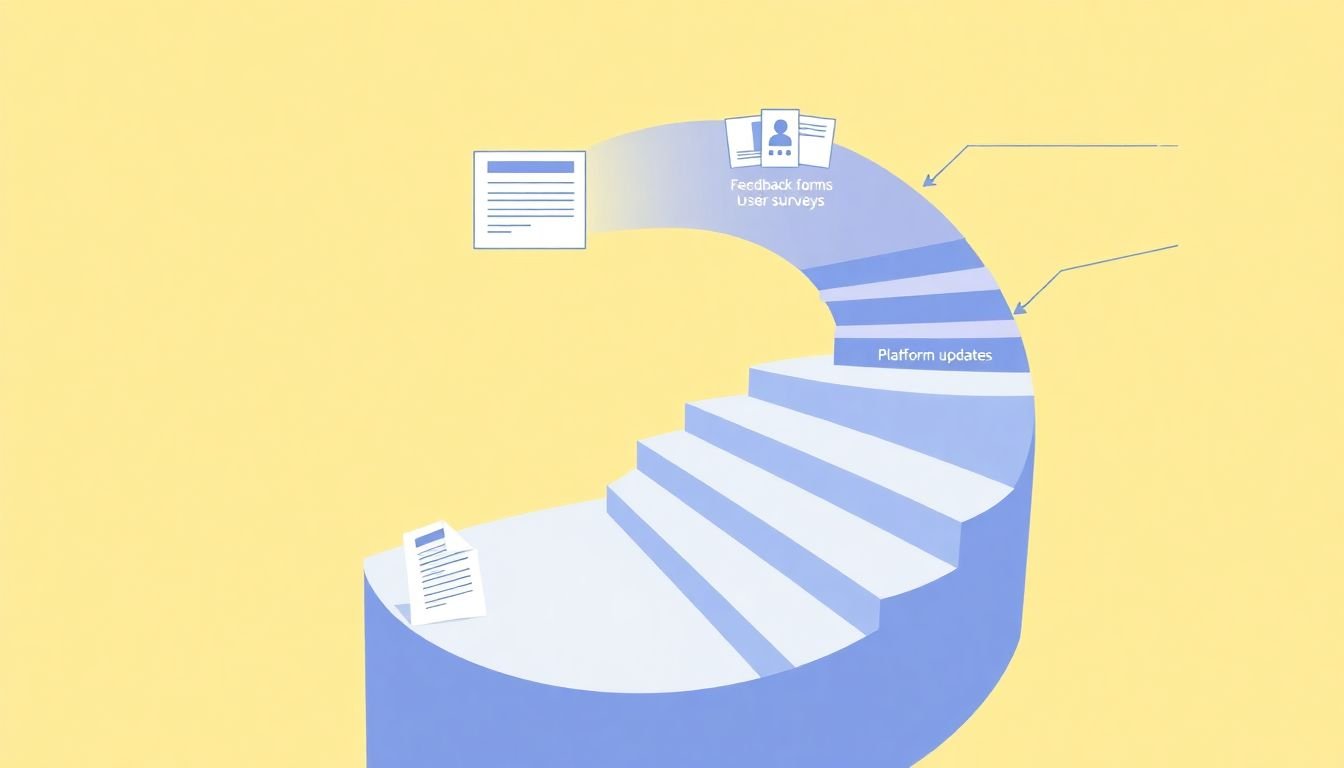 A spiral staircase representing continuous improvement, with feedback forms, user surveys, and platform updates along the way.