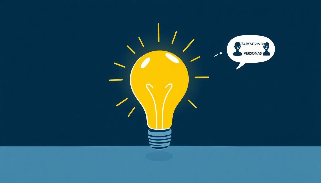 A lightbulb moment illustration, with a thought bubble showing a clear vision statement and target audience personas.