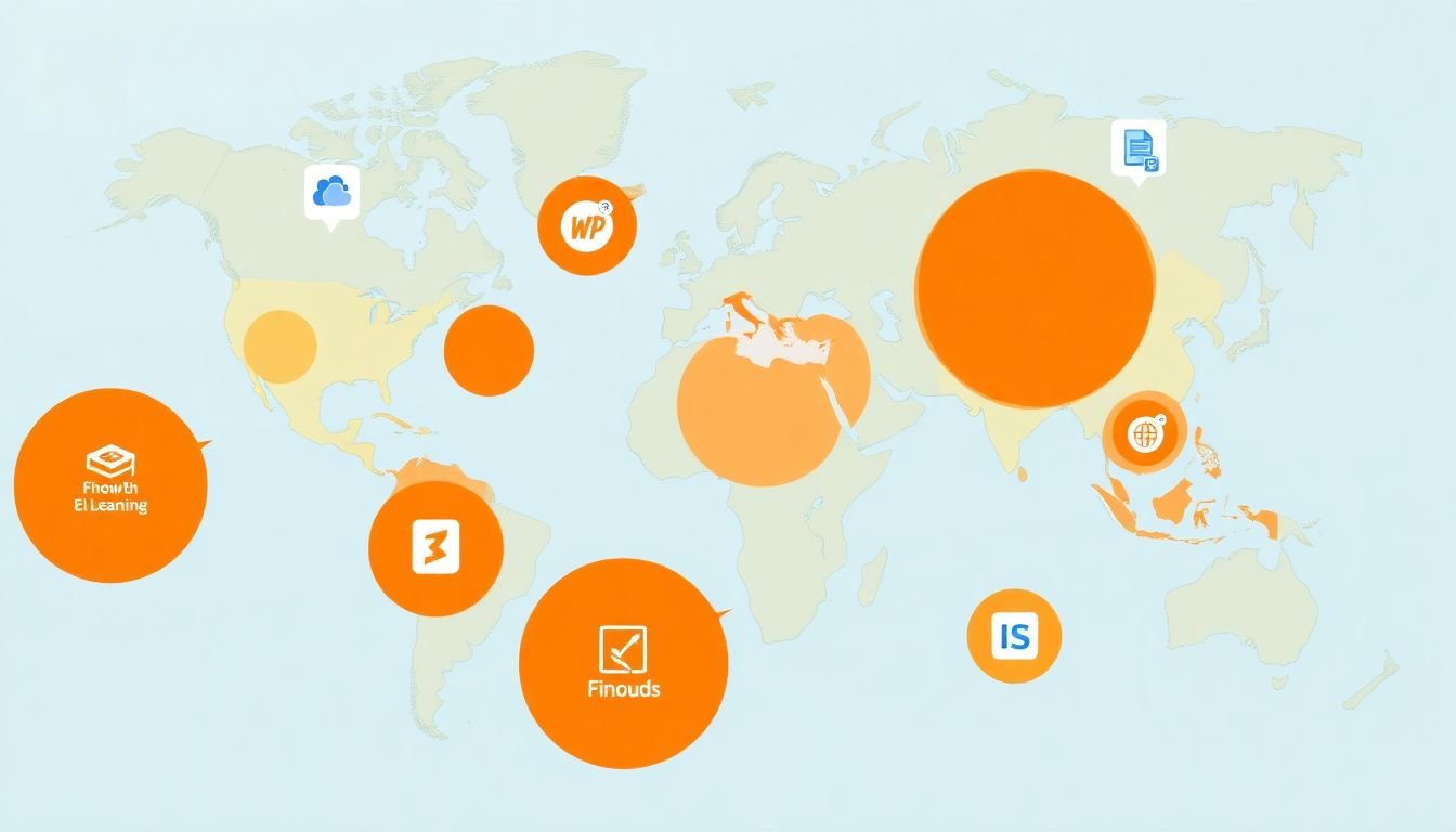 A world map with hotspots indicating the global growth of e-learning, overlaid with icons of various LMS platforms.