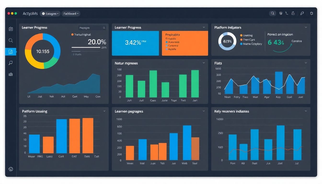 A dashboard with graphs, charts, and key performance indicators (KPIs) related to learner progress and platform usage.