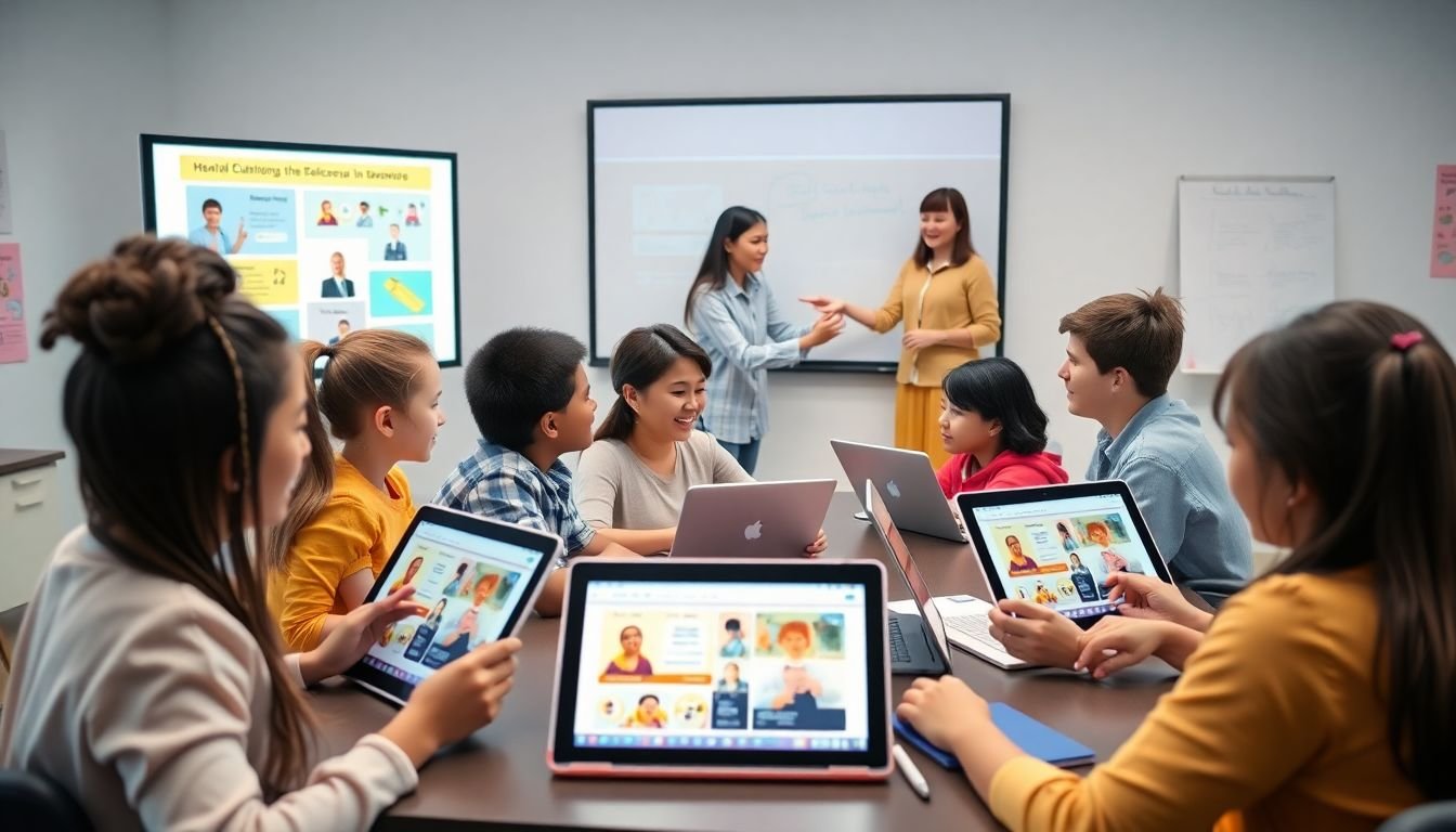 A dynamic image of a diverse group of students engaged in an interactive virtual classroom, with tablets and laptops displaying various learning modules, and a teacher guiding them from a smartboard.