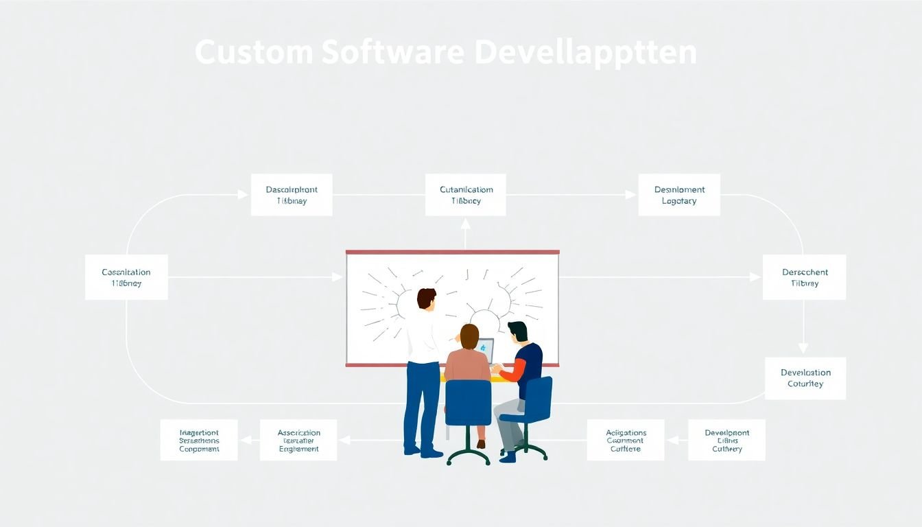 A flowchart illustrating the custom software development lifecycle, with a team of developers collaborating around a whiteboard.