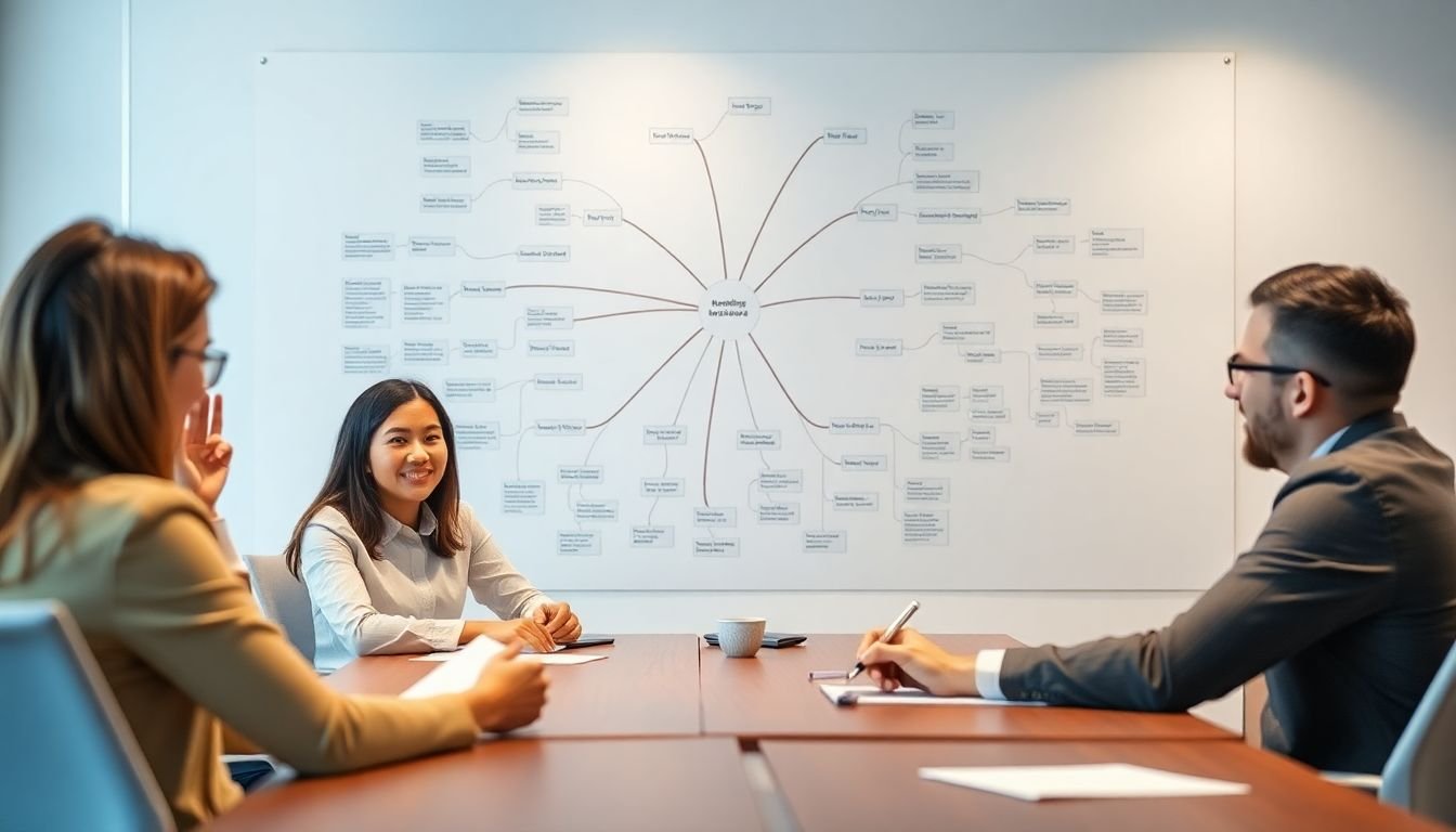 A business analyst taking notes during a meeting with stakeholders, with a mind map of business processes in the background.